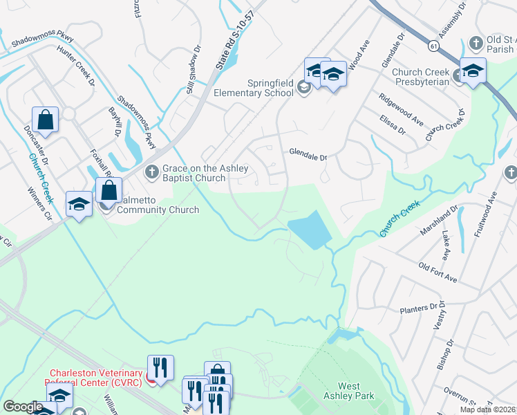 map of restaurants, bars, coffee shops, grocery stores, and more near 1961 Pebble Creek Court in Charleston