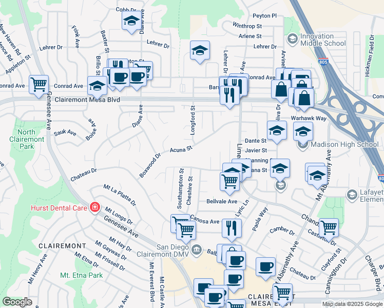 map of restaurants, bars, coffee shops, grocery stores, and more near 4979 Acuna Street in San Diego