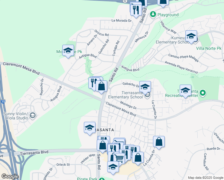 map of restaurants, bars, coffee shops, grocery stores, and more near 10512 Montego Drive in San Diego