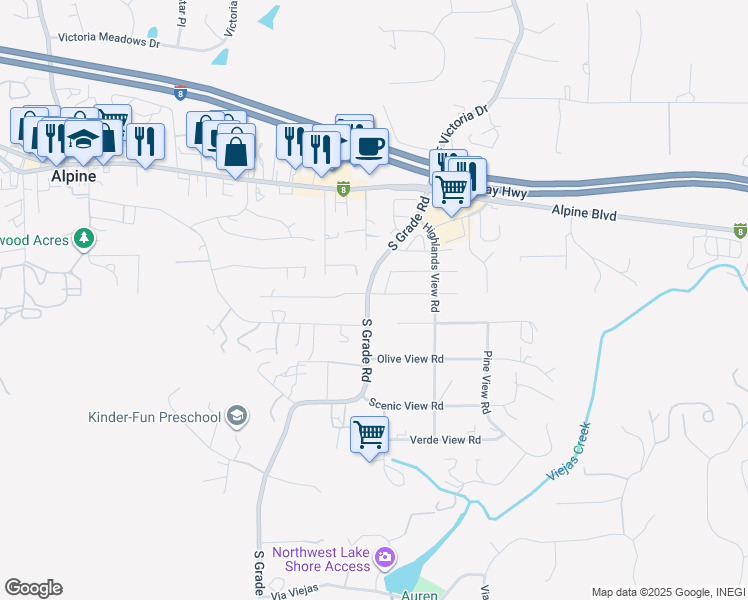 map of restaurants, bars, coffee shops, grocery stores, and more near 2807 Manzanita View Road in Alpine