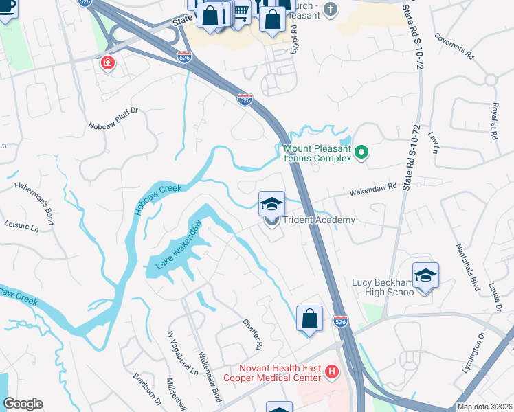 map of restaurants, bars, coffee shops, grocery stores, and more near 612 Oak Marsh Drive in Mount Pleasant