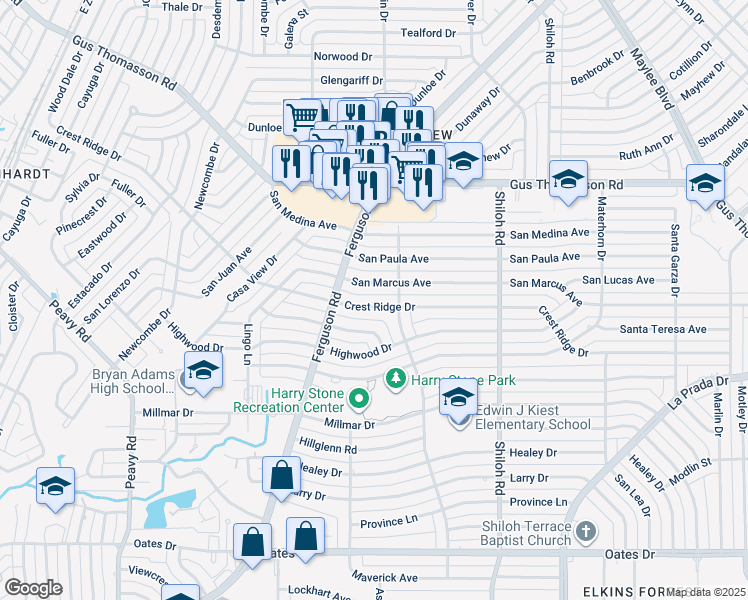 map of restaurants, bars, coffee shops, grocery stores, and more near 2441 Crest Ridge Drive in Dallas