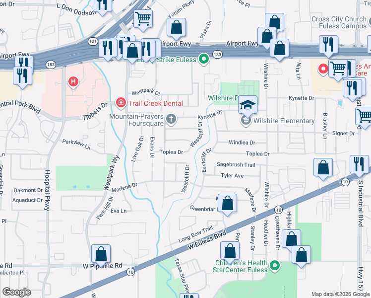 map of restaurants, bars, coffee shops, grocery stores, and more near 1904 Toplea Drive in Euless