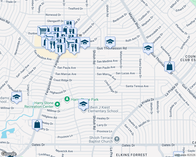 map of restaurants, bars, coffee shops, grocery stores, and more near 2715 Crest Ridge Drive in Dallas