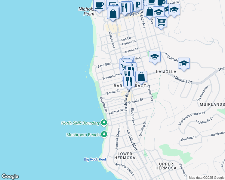 map of restaurants, bars, coffee shops, grocery stores, and more near 330 Bonair Street in San Diego
