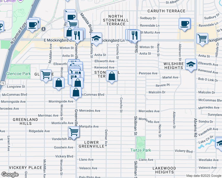 map of restaurants, bars, coffee shops, grocery stores, and more near 5910 Revere Place in Dallas