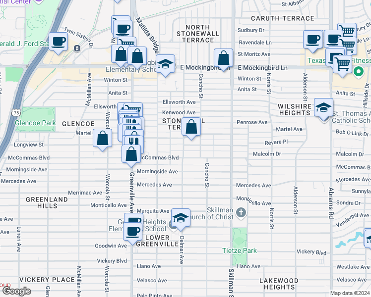 map of restaurants, bars, coffee shops, grocery stores, and more near 5910 Revere Place in Dallas