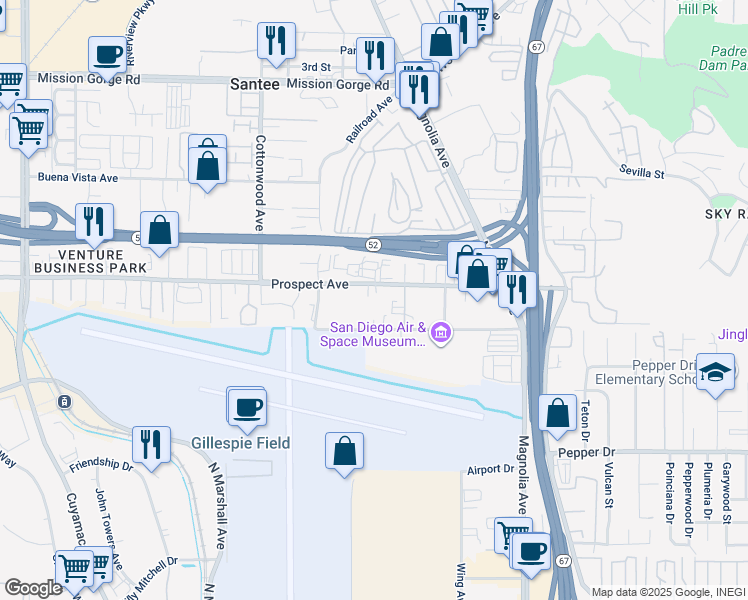 map of restaurants, bars, coffee shops, grocery stores, and more near 8539 Cora May Place in Santee