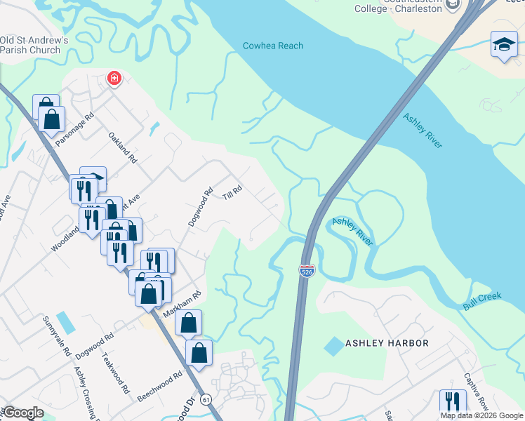 map of restaurants, bars, coffee shops, grocery stores, and more near 2139 Pierpont Avenue in Charleston