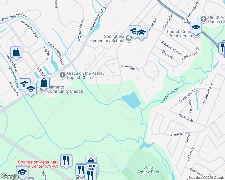 map of restaurants, bars, coffee shops, grocery stores, and more near 1961 Pebble Creek Court in Charleston