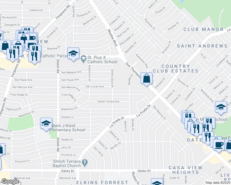 map of restaurants, bars, coffee shops, grocery stores, and more near 3315 San Marcus Avenue in Dallas
