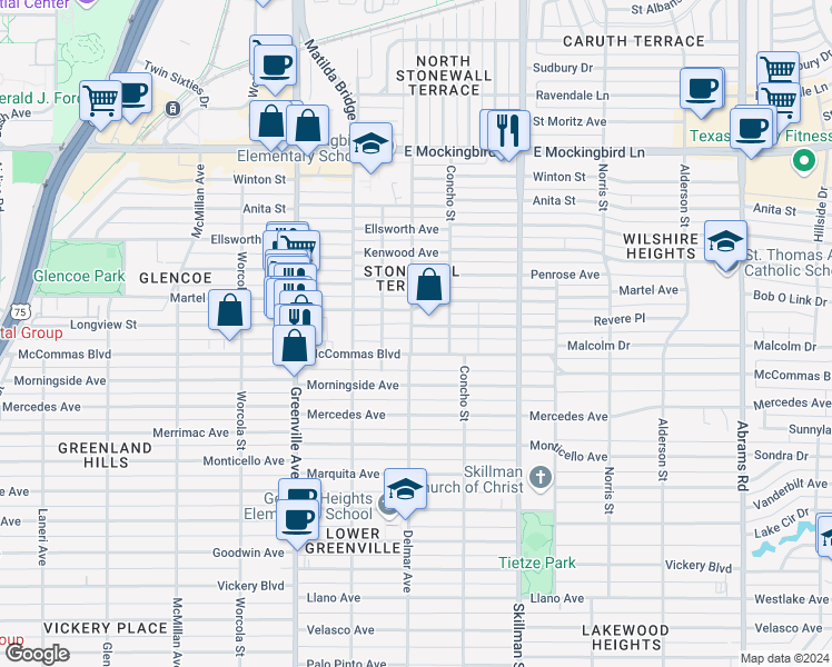 map of restaurants, bars, coffee shops, grocery stores, and more near 5910 Revere Place in Dallas