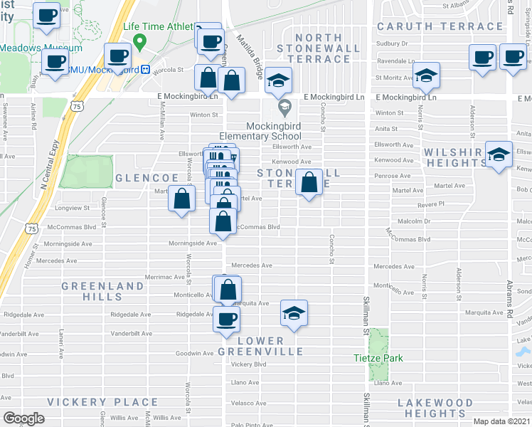map of restaurants, bars, coffee shops, grocery stores, and more near 3566 Matilda Street in Dallas