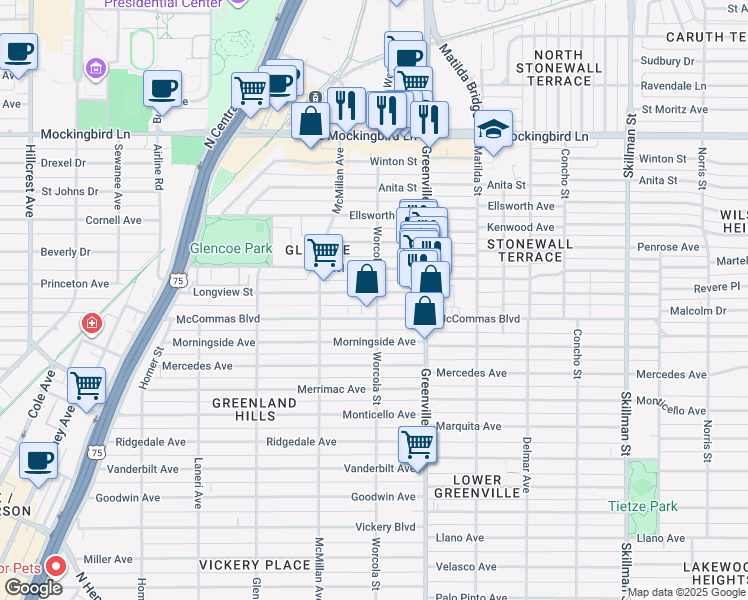 map of restaurants, bars, coffee shops, grocery stores, and more near 5546 Longview Street in Dallas
