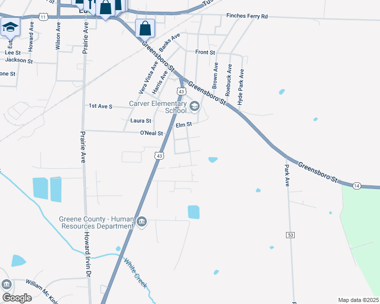 map of restaurants, bars, coffee shops, grocery stores, and more near Pine Street in Eutaw