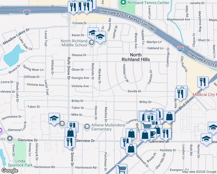 map of restaurants, bars, coffee shops, grocery stores, and more near 6929 Victoria Avenue in Fort Worth