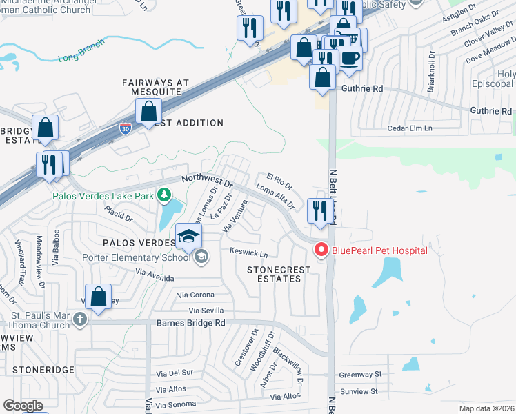 map of restaurants, bars, coffee shops, grocery stores, and more near 4920 Via Ventura in Mesquite