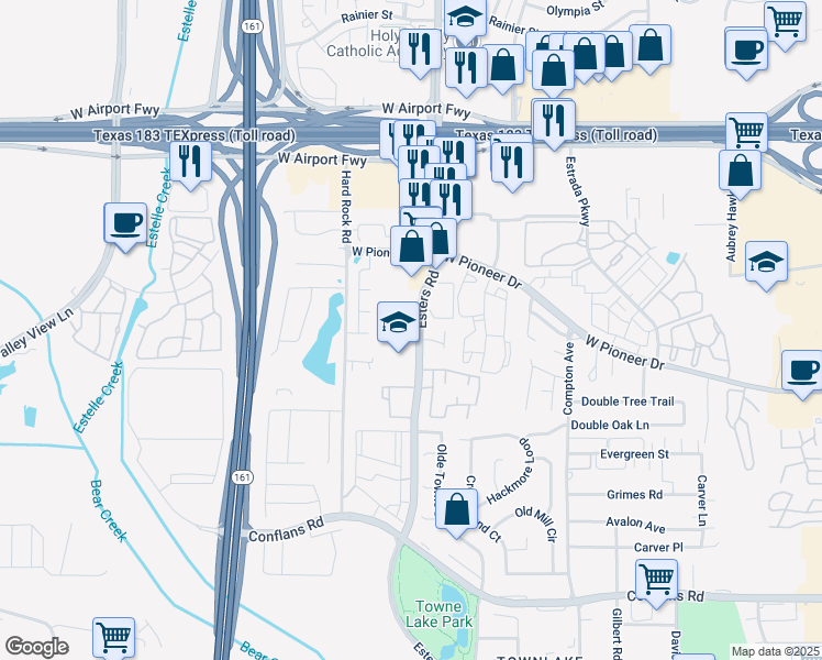 map of restaurants, bars, coffee shops, grocery stores, and more near 1801 Esters Road in Irving