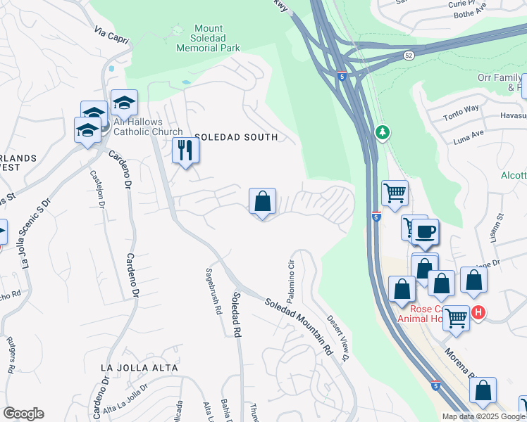 map of restaurants, bars, coffee shops, grocery stores, and more near 6071 Wooddale Row in San Diego
