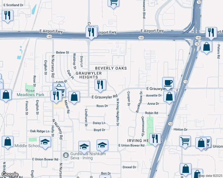 map of restaurants, bars, coffee shops, grocery stores, and more near 1515 Blackwell Drive in Irving