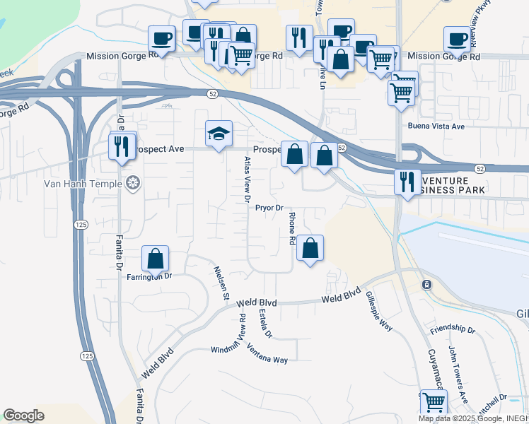 map of restaurants, bars, coffee shops, grocery stores, and more near 9421 Pryor Drive in Santee