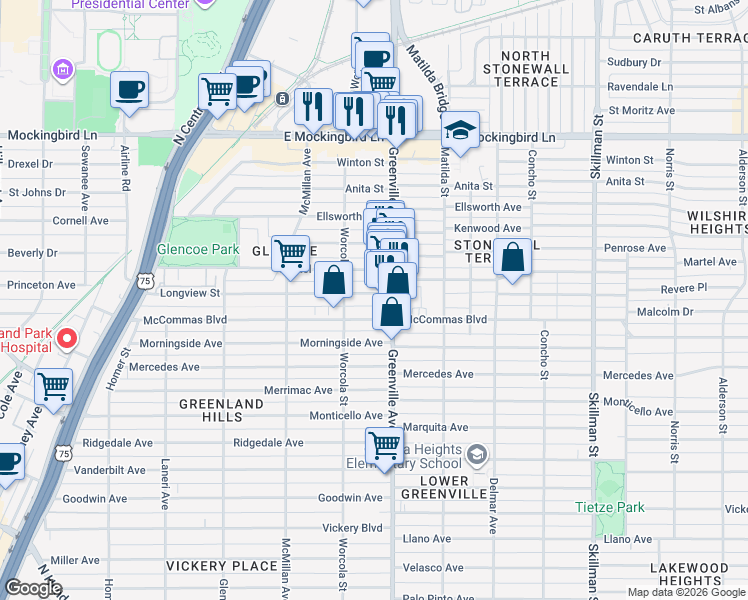 map of restaurants, bars, coffee shops, grocery stores, and more near 5624 Longview Street in Dallas