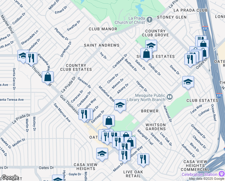 map of restaurants, bars, coffee shops, grocery stores, and more near 3062 Mason Drive in Mesquite