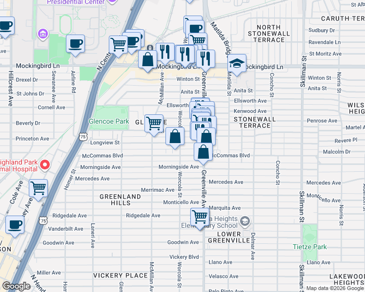 map of restaurants, bars, coffee shops, grocery stores, and more near 5546 Longview Street in Dallas