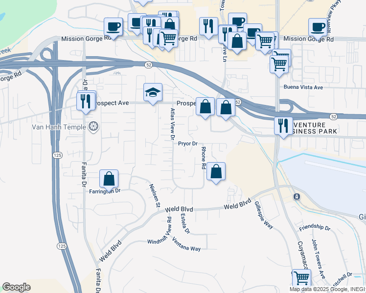 map of restaurants, bars, coffee shops, grocery stores, and more near 9421 Pryor Drive in Santee