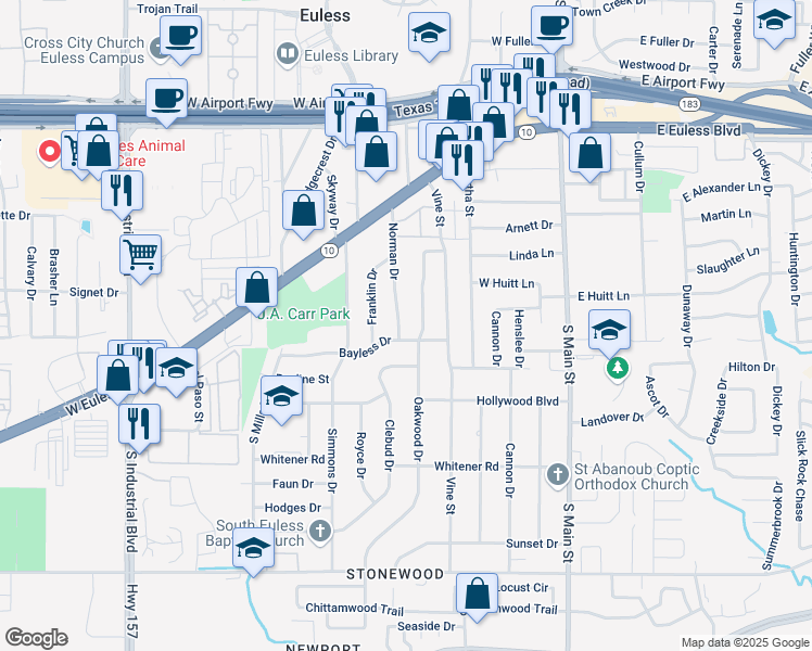 map of restaurants, bars, coffee shops, grocery stores, and more near 509 Norman Drive in Euless