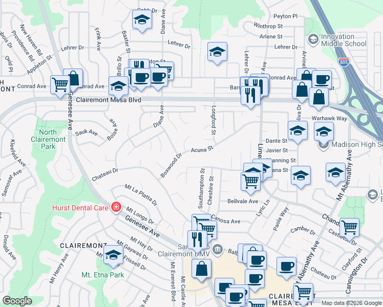 map of restaurants, bars, coffee shops, grocery stores, and more near 4917 Acuna Street in San Diego
