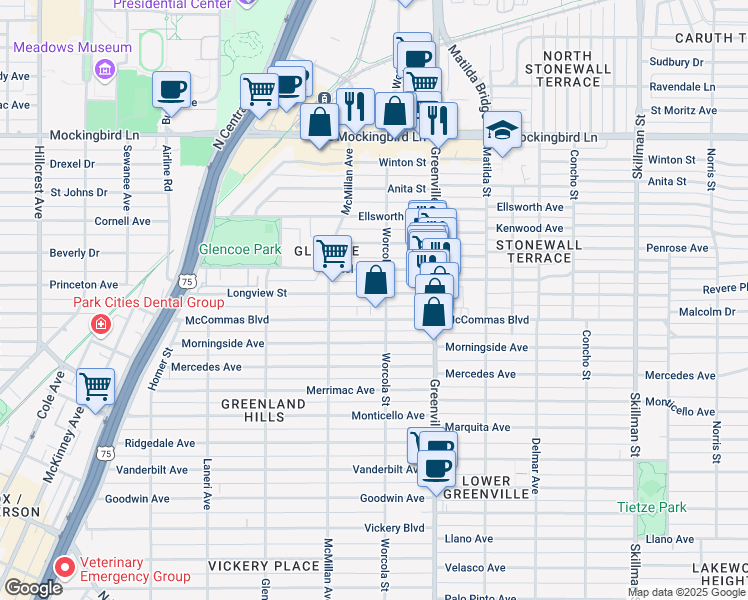 map of restaurants, bars, coffee shops, grocery stores, and more near 5546 Longview Street in Dallas