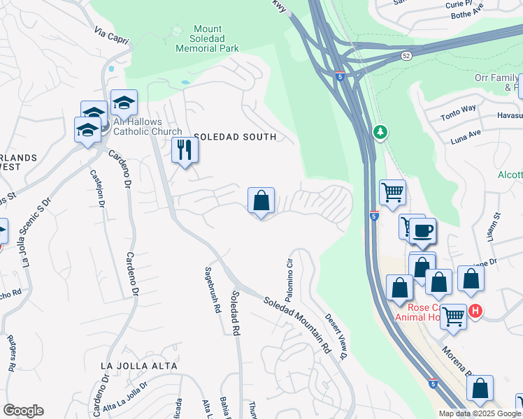map of restaurants, bars, coffee shops, grocery stores, and more near 6071 Wooddale Row in San Diego