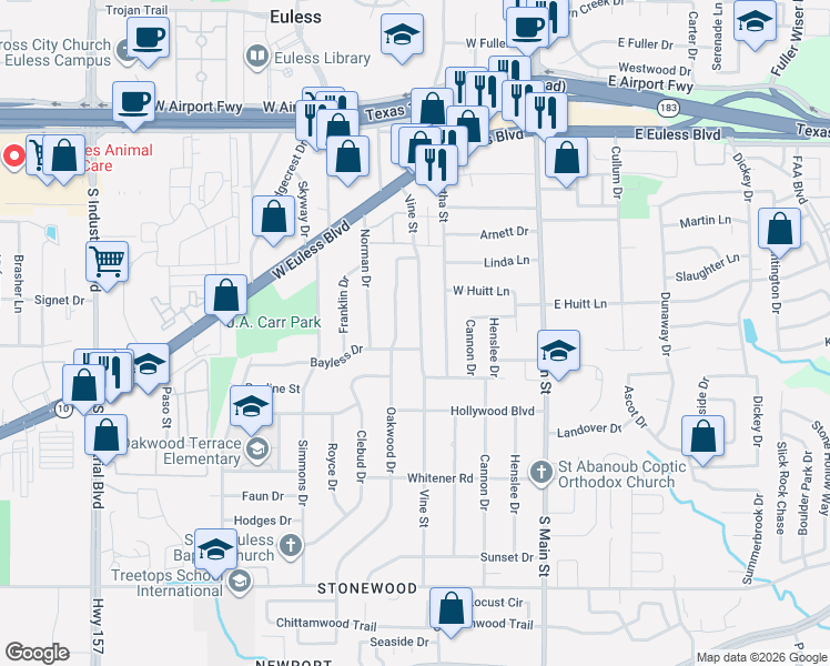 map of restaurants, bars, coffee shops, grocery stores, and more near 512 Vine Street in Euless