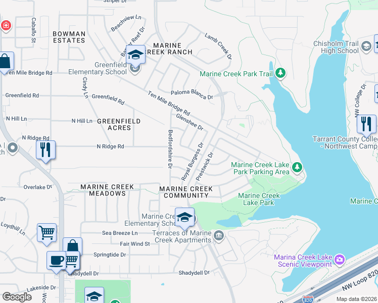 map of restaurants, bars, coffee shops, grocery stores, and more near 5136 Royal Burgess Drive in Fort Worth