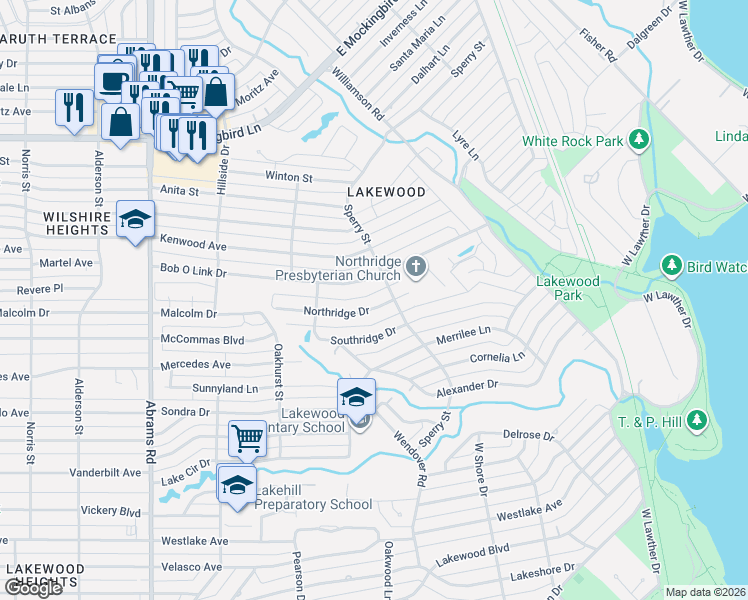 map of restaurants, bars, coffee shops, grocery stores, and more near 6833 Northridge Drive in Dallas