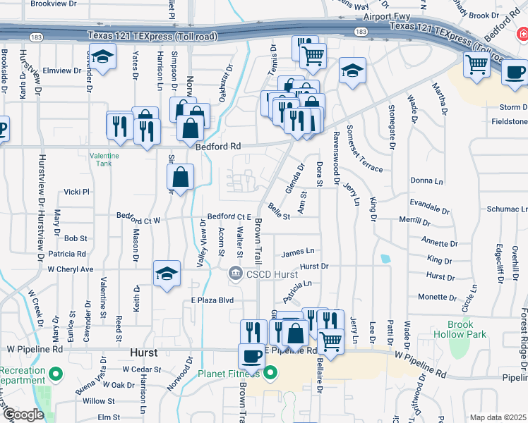 map of restaurants, bars, coffee shops, grocery stores, and more near 1001 Brown Trail in Bedford
