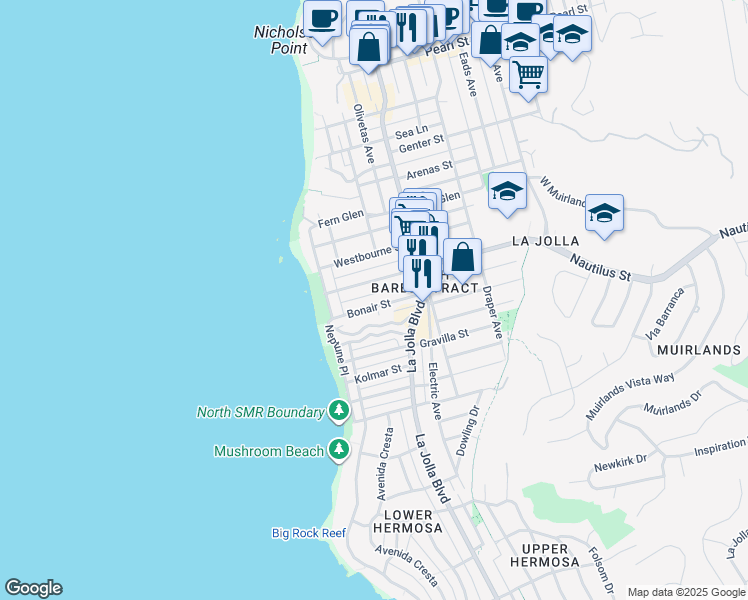 map of restaurants, bars, coffee shops, grocery stores, and more near 330 Bonair Street in San Diego
