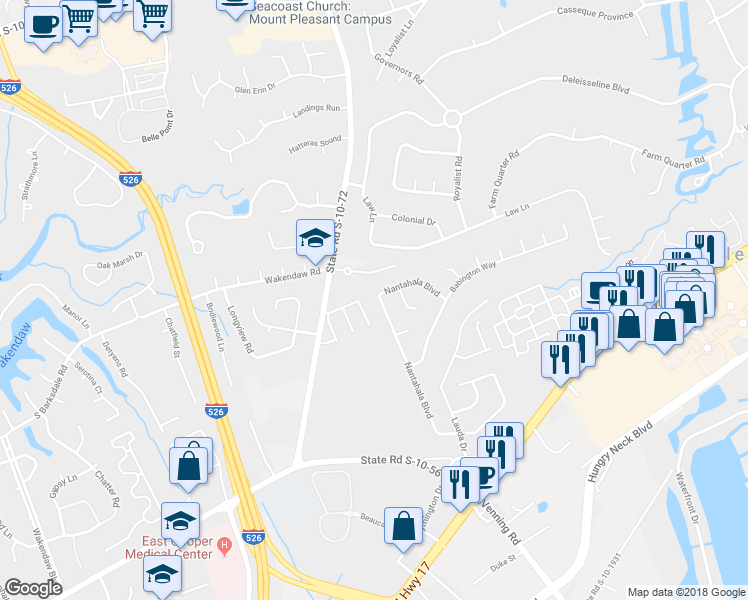 map of restaurants, bars, coffee shops, grocery stores, and more near 1721 Nantahala Boulevard in Mount Pleasant