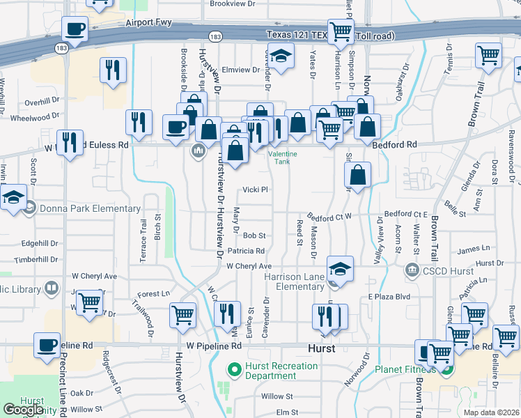 map of restaurants, bars, coffee shops, grocery stores, and more near 409 Keren Place in Hurst