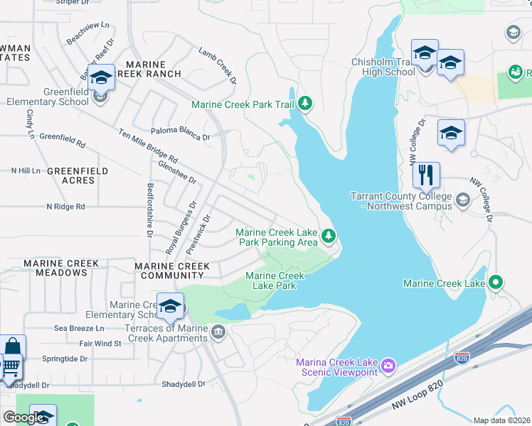 map of restaurants, bars, coffee shops, grocery stores, and more near 5312 New Castleton Lane in Fort Worth