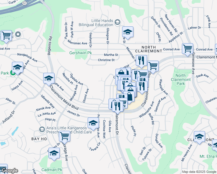 map of restaurants, bars, coffee shops, grocery stores, and more near 4683 Coconino Way in San Diego