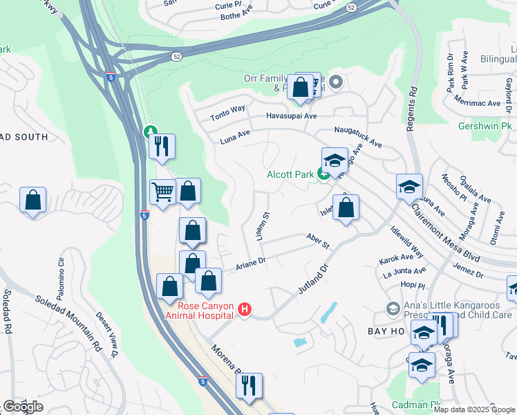 map of restaurants, bars, coffee shops, grocery stores, and more near 4670 Lisann Street in San Diego