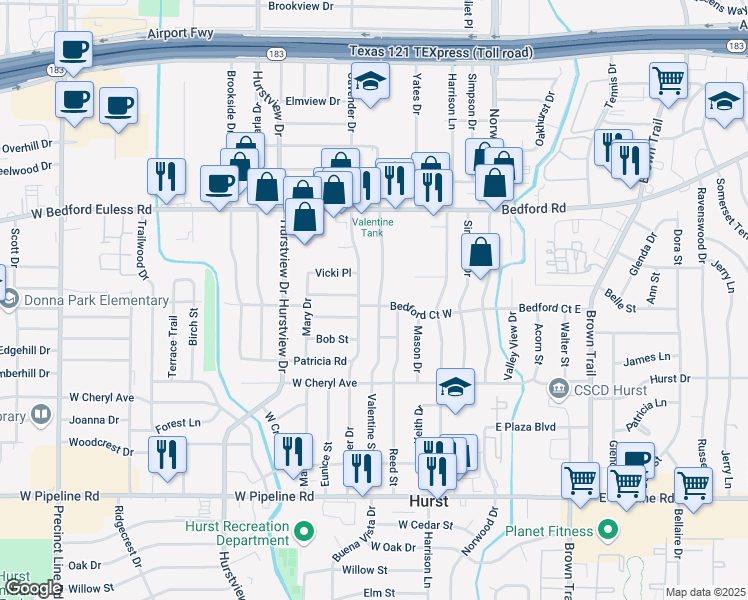 map of restaurants, bars, coffee shops, grocery stores, and more near 1201 Valentine Street in Hurst
