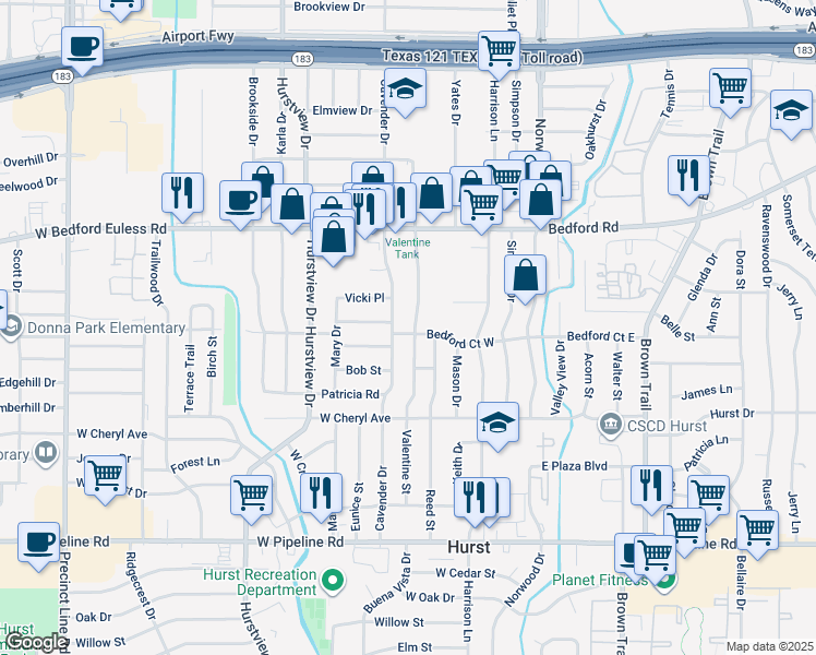 map of restaurants, bars, coffee shops, grocery stores, and more near 1201 Valentine Street in Hurst