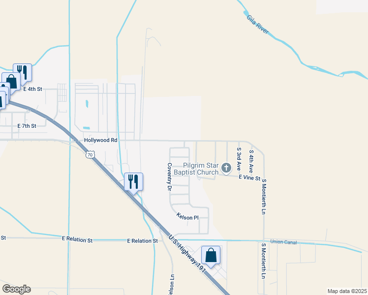 map of restaurants, bars, coffee shops, grocery stores, and more near 1460 East Stratford Drive in Safford