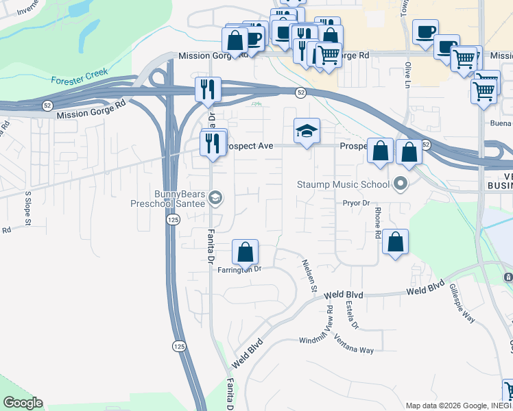 map of restaurants, bars, coffee shops, grocery stores, and more near 8568 Paseo Del Sol in Santee