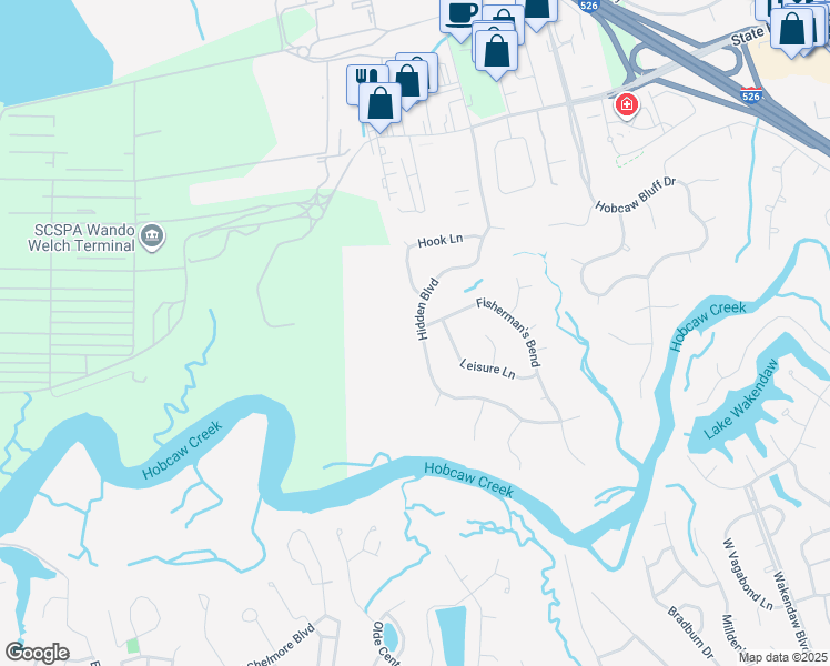 map of restaurants, bars, coffee shops, grocery stores, and more near 561 Hidden Boulevard in Mount Pleasant