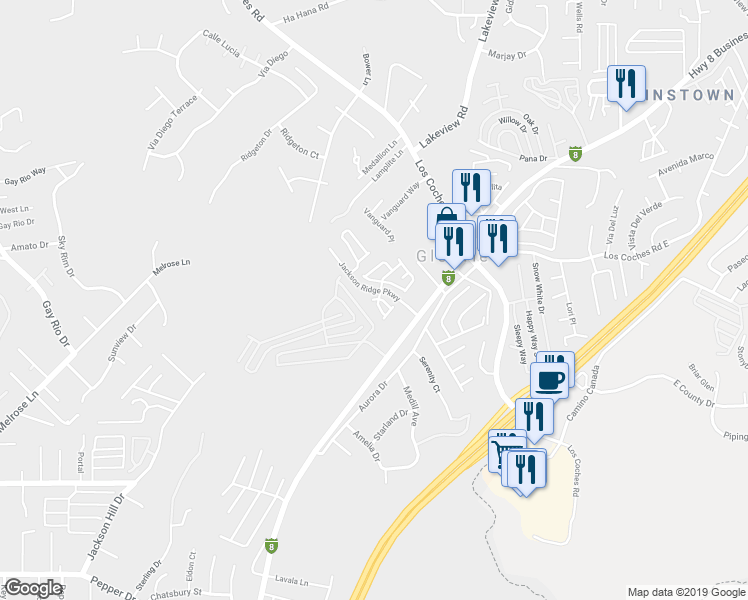 map of restaurants, bars, coffee shops, grocery stores, and more near 8616 Skylight Way in Lakeside