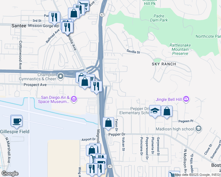 map of restaurants, bars, coffee shops, grocery stores, and more near in Santee